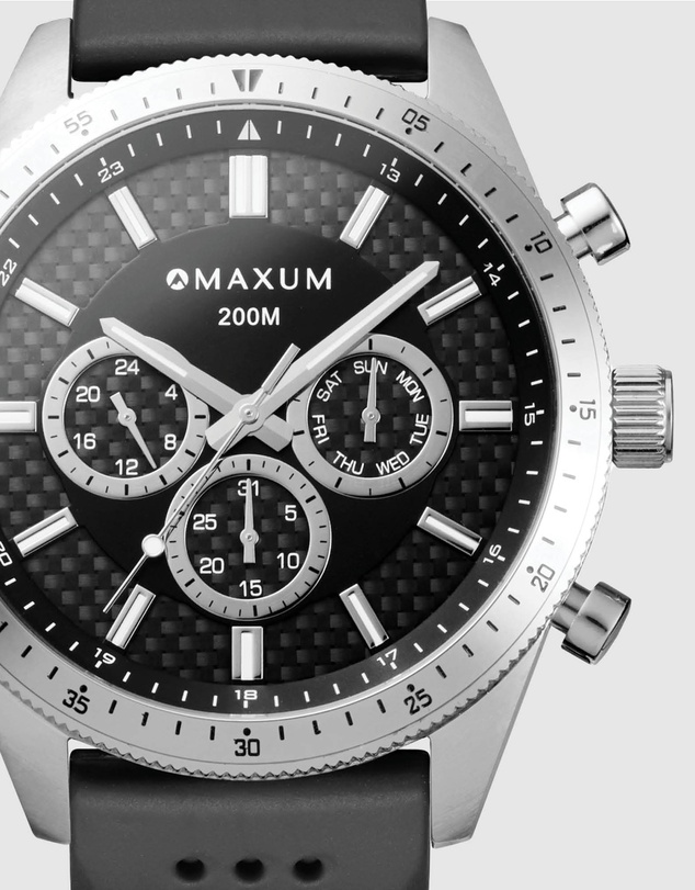 Maxum - Lansdowne Multifunction Chrono Silver Tone Case, Black Dial & Black Silicone Band
