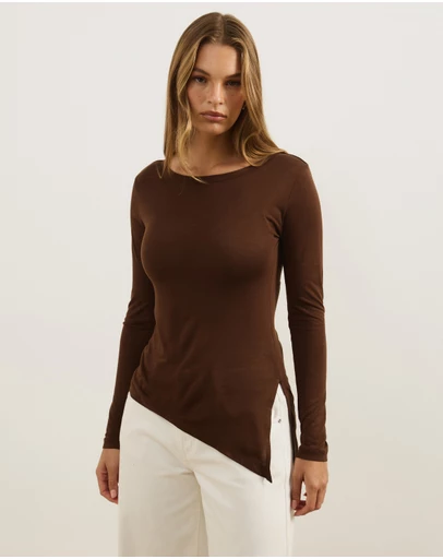Atmos&Here - Wool Blend Asymmetrical Hem Long Sleeve Top