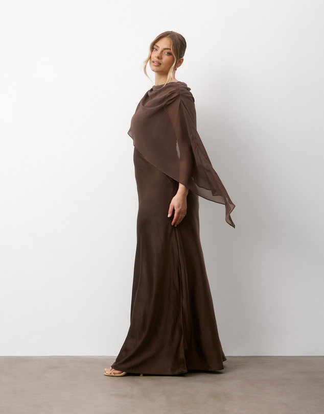 Six Stories - Square neck Satin Bridesmaid Dress with Chiffon Cape