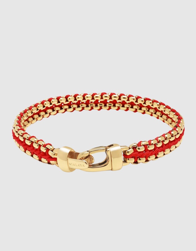 Nialaya Jewellery - Red Woven 8mm Box Chain Bracelet in Gold