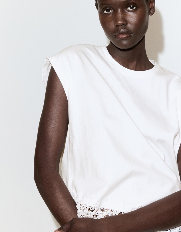 M.N.G - Cotton T-Shirt with Broderie Anglaise Embroidery