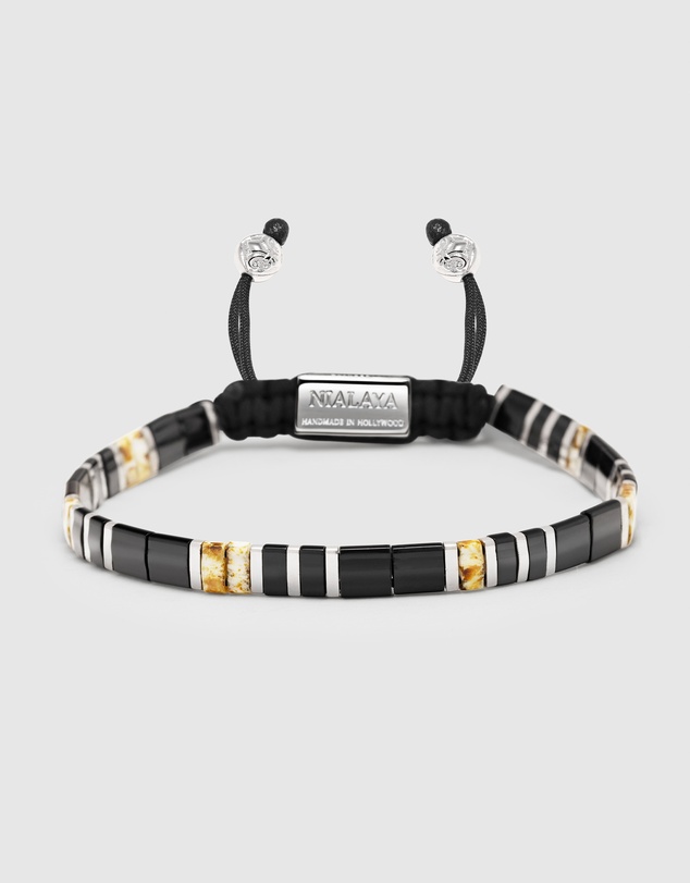 Nialaya Jewellery - Men's Bracelet with Black, White Marbled And Silver Miyuki Tila Beads