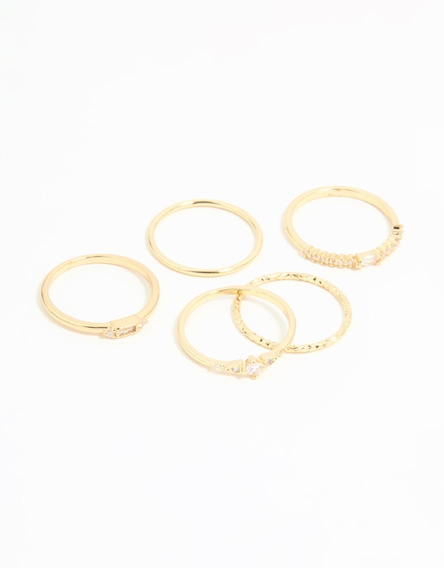 Lovisa - Gold Plated Cubic Zirconia & Plain Rings 5-Pack
