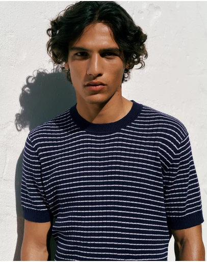 Trenery - Linen Cotton Rib Stripe Knit T-shirt in Navy