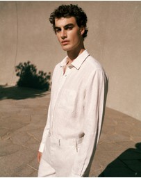Trenery - Regular Fit Fine Stripe Linen Long Sleeve Shirt in White