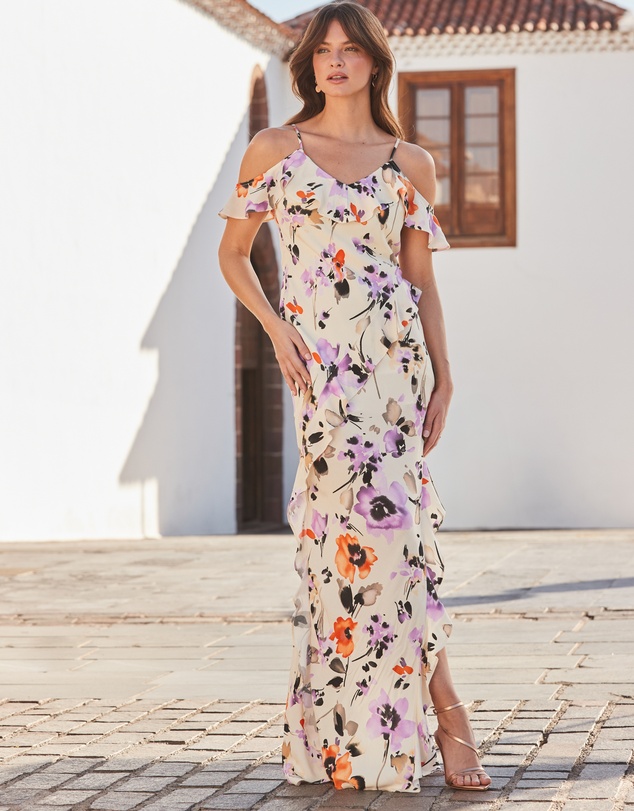 Sosandar - Cold Shoulder Ruffle Maxi Dress