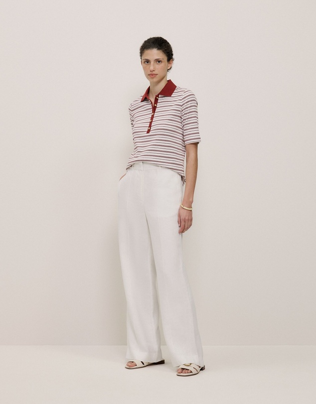 Trenery - Half Placket Stripe Polo in Russet