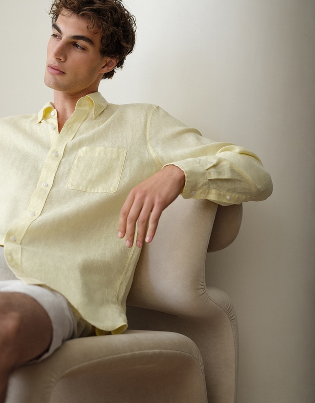 Trenery - Regular Fit Linen Classic Long Sleeve Shirt in Lemonade