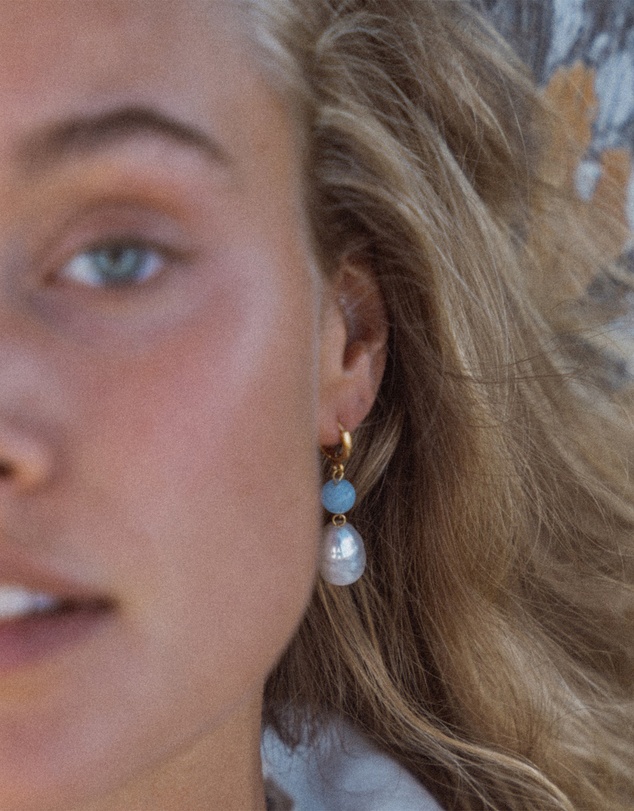 Ottoman Hands - Dawn Blue Chalcedony and Pearl Drop Huggie Earrings