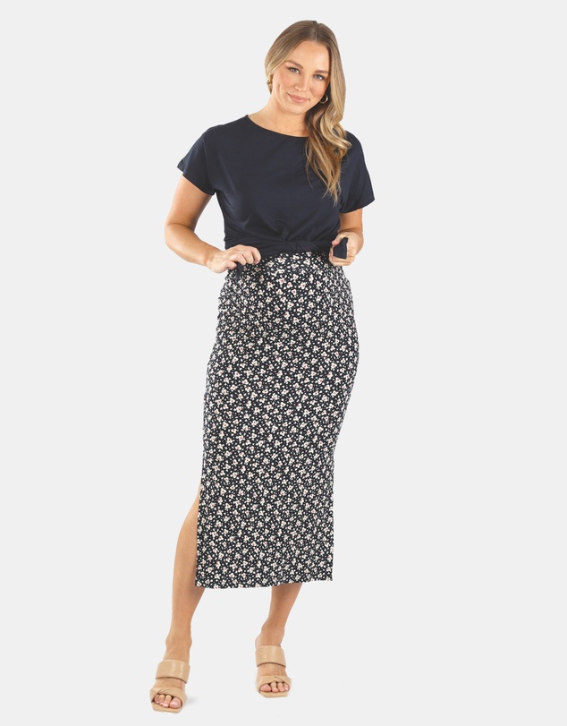 Angel Maternity - Fitted Maxi Maternity Skirt with Small Leaf Print