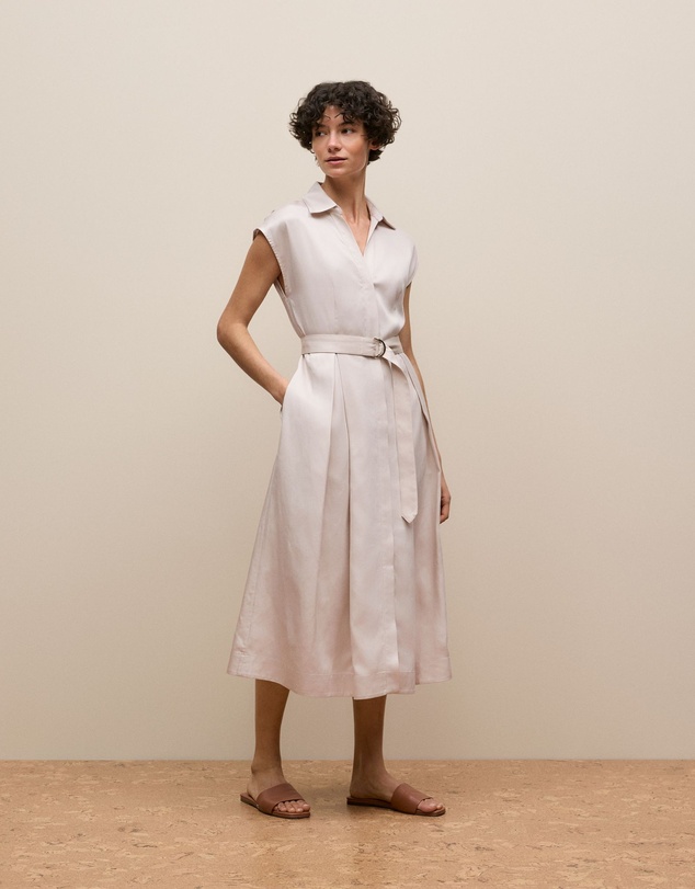 Trenery - Soft Pleat Belted Dress in Stone