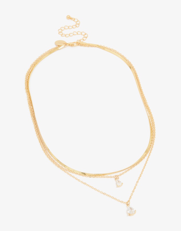 Lovisa - Gold Plated Cubic Zirconia Teardrop Snake Chain Layered Necklace