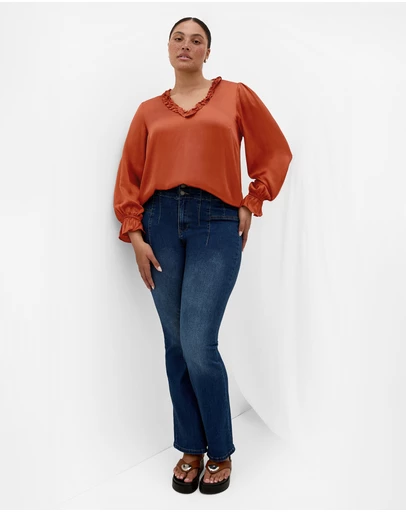 City Chic - Plus size Maia Ruffle V Neck Top - toffee