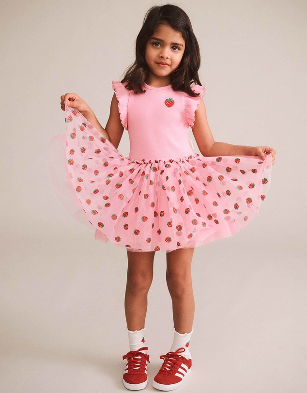 Huxbaby - Strawberry Embroidered Short Sleeve Tulle Dress - Babies-Teens