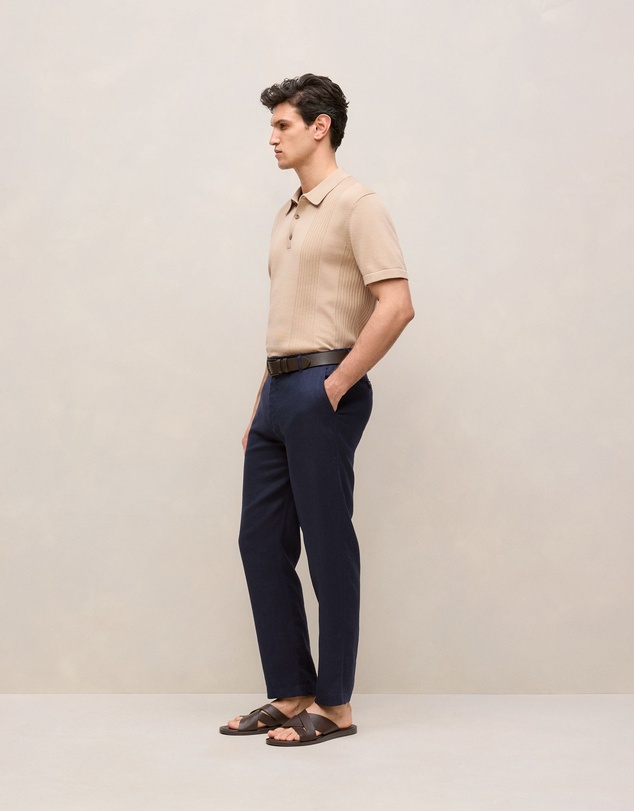 Trenery - Mercerised Cotton Rib Detail Knit Polo in Sand
