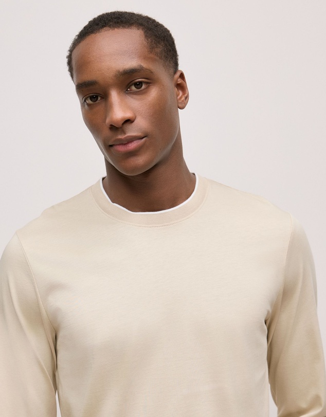 Trenery - Mercerised Cotton Tipped Long Sleeve T-shirt in Fawn