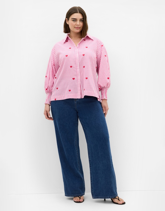 City Chic - Plus size Stripe Heart Print Cotton Shirt - pink