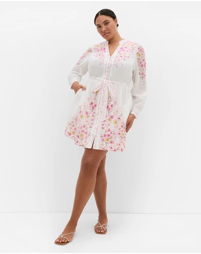 City Chic - Plus size Elia Pink Patrice Print Mini Dress - ivory