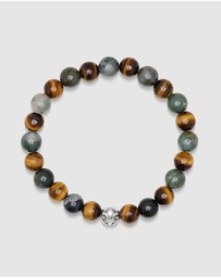 Nialaya Jewellery - Men's Wristband with Aquatic Agate, Brown Tiger Eye and Silver