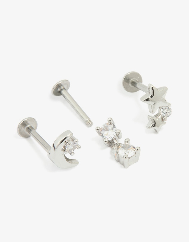 Lovisa - Surgical Steel Cubic Zirconia Mixed Threadless Flat Back Studs 3-Pack