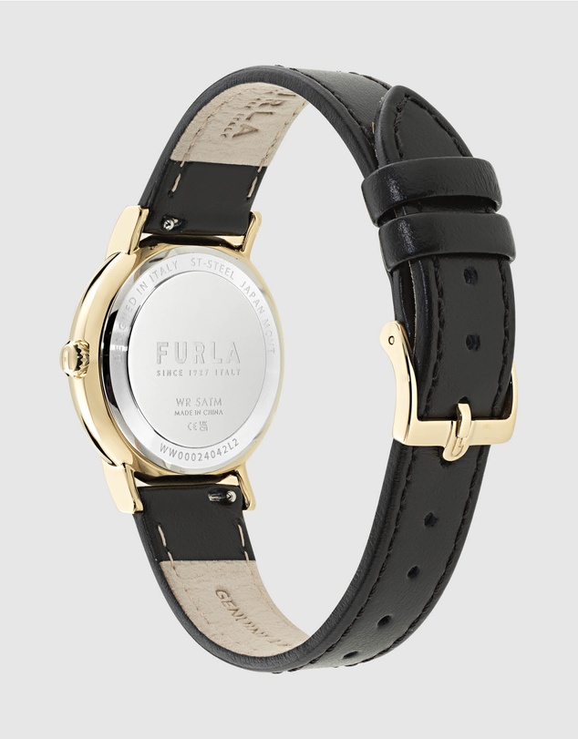 Furla - Easy Shape Yellow Gold-Tone Black Leather Strap Watch