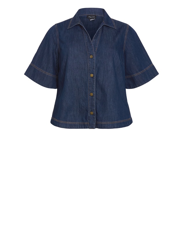City Chic - Plus size Tiana Short Sleeve Cotton Denim Shirt - dark wash