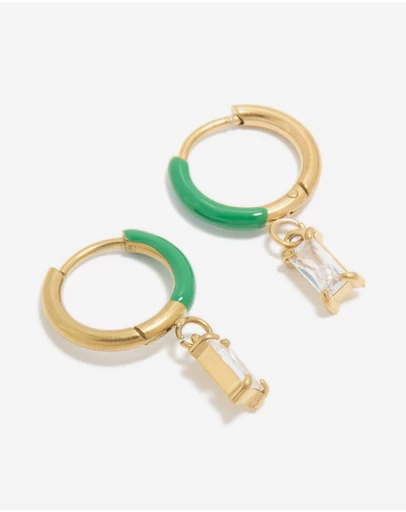 Lovisa - Waterproof Gold Plated Stainless Steel Emerald Green Enamel Cubic Zirconia Charm Huggie Earrings