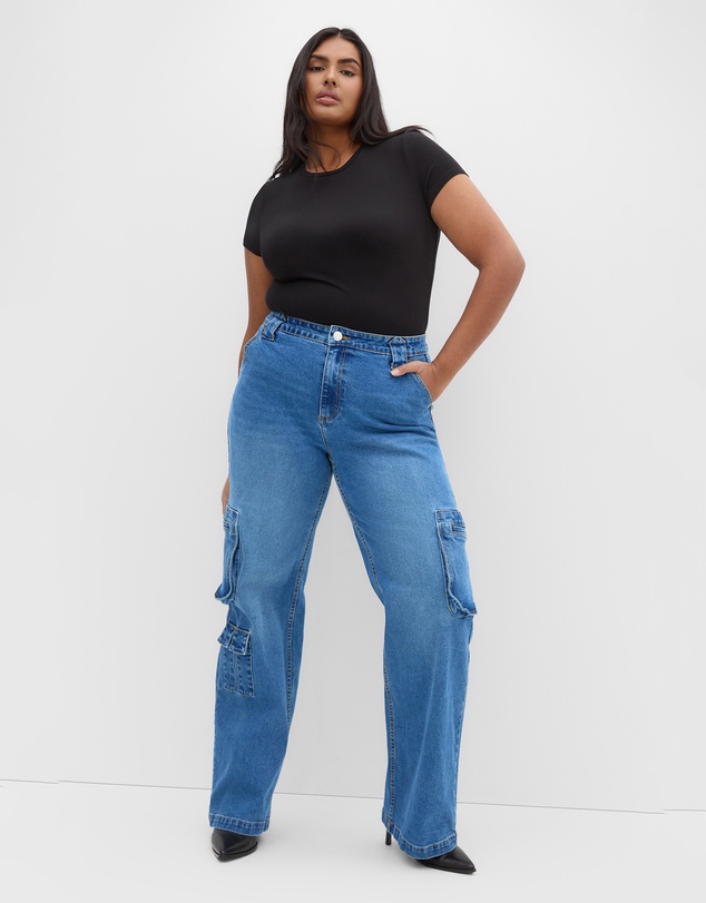 City Chic - Plus size Harley Fit Oaklyn Cargo Wide Leg Jean - mid wash