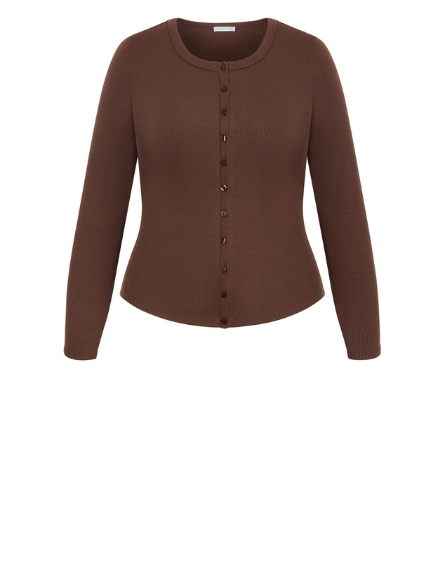 City Chic - Plus size Button Through Knit Top - chocolate
