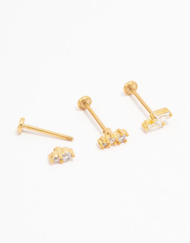 Lovisa - Gold Plated Surgical Steel Double Baguette Flat Back 3-Pack