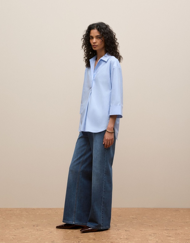 Trenery - Yarn Dyed Cotton Poplin Half Sleeve Shirt in Sky