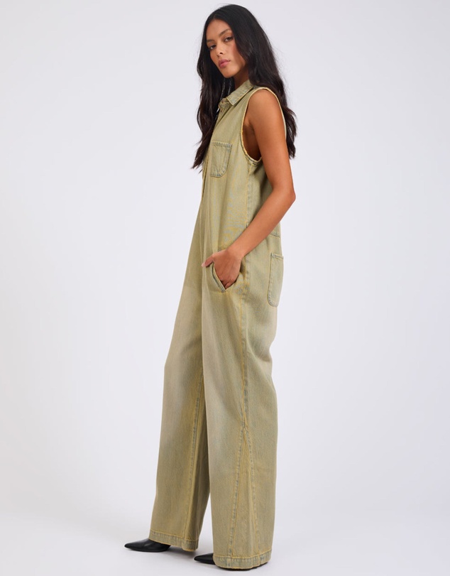 ONE TEASPOON - Braxton Wide Leg Long Length Denim Jumpsuit - Warm Khaki