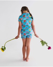Kip&Co - Little Flowers Organic Cotton SS Tee Frill Shorts Pyjama Set - Kids-Teens