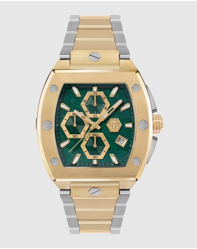 Philipp Plein - Philipp Plein Hexagon Phantom Chrono 44mm Green Dial Two-Tone Stainless Steel Bracelet Watch
