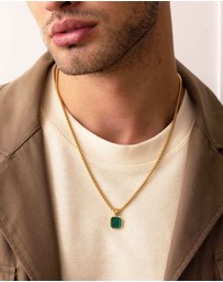 Nialaya Jewellery - Men's Gold Necklace with Square Malachite Pendant
