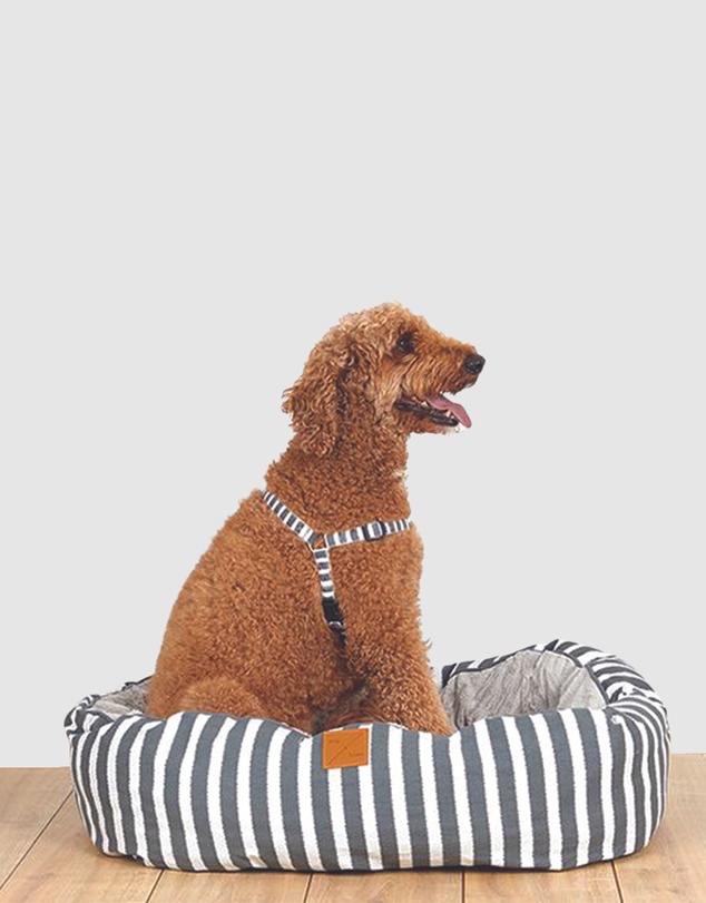 Mog & Bone - 4 Seasons Reversible Circular Dog Bed - Charcoal Hamptons Stripe Print