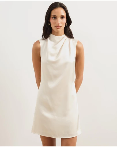 Atmos&Here - Della Satin Drape High Neck Mini Dress