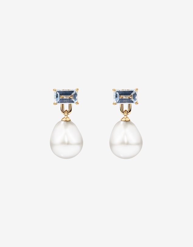 Michael Hill - Multi-Wear Aquamarine and Cultured Freshwater Pearl Drop Stud Earrings in 10kt Yellow Gold