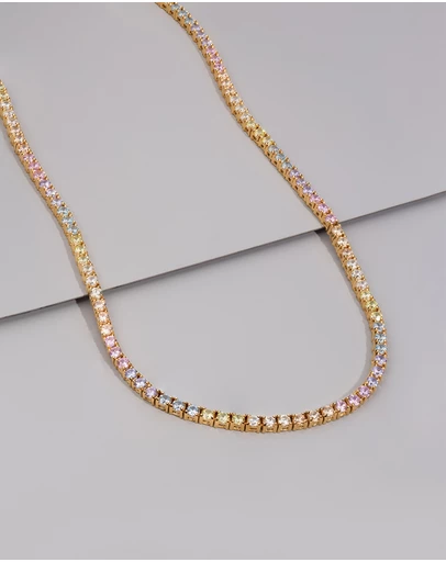 Wanderlust + Co - Pave 14K Gold Vermeil Rainbow Tennis Necklace