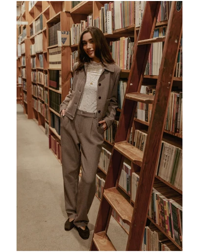 Petal & Pup - Jessie Straight Leg Trouser Pants - Brown Houndstooth