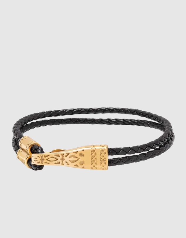 Nialaya Jewellery - Black Leather Bracelet with Gold Clasp
