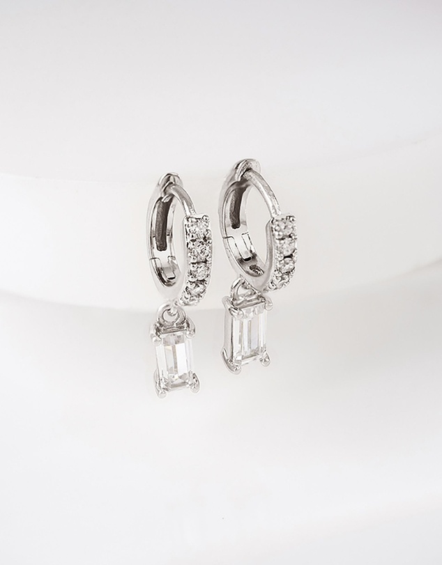 Wanderlust + Co - Baguette Silver Baby Huggie Earrings