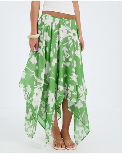 Calli - Aurora Verde Floral Print Asymmetrical Skirt