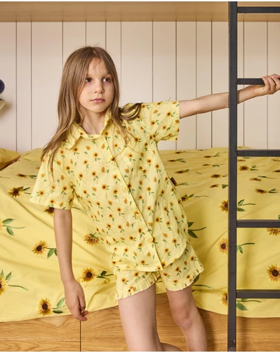 Kip&Co - Sunflower Delight Kids Organic Cotton Short Sleeve Shirt and Shorts Pyjama Set