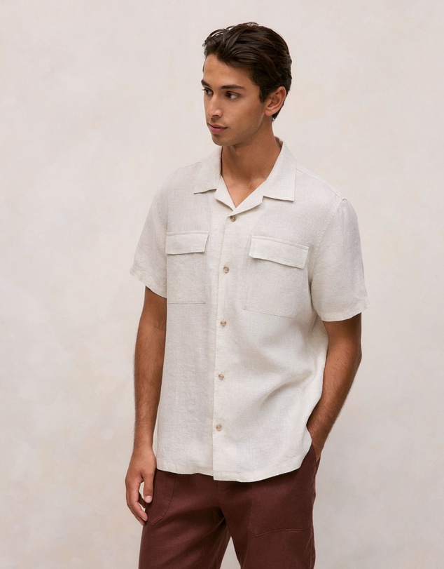 Trenery - Linen Pocket Detail Short Sleeve Shirt in Flax
