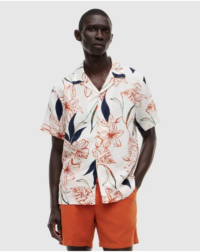 Tommy Hilfiger - Regular Tropical Print Linen Short Sleeve Shirt