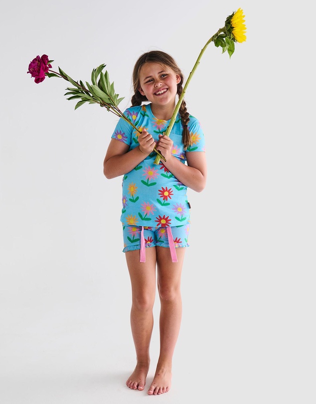Kip&Co - Little Flowers Organic Cotton SS Tee Frill Shorts Pyjama Set - Kids-Teens
