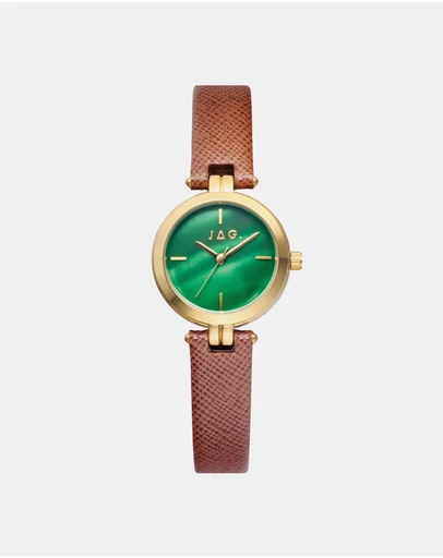 Jag - Freya Womens Green Dial 27mm Brown Strap Watch