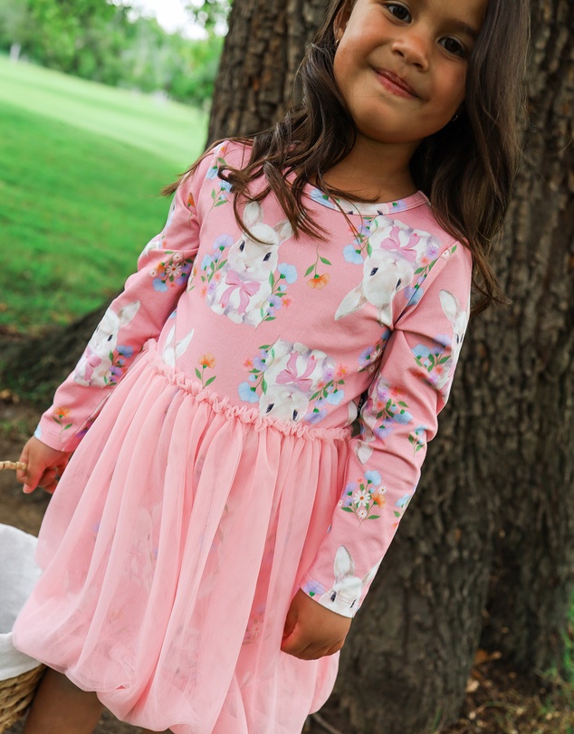 Rock Your Kid - Hunny Bunny Long Sleeve Bubble Dress in Peach