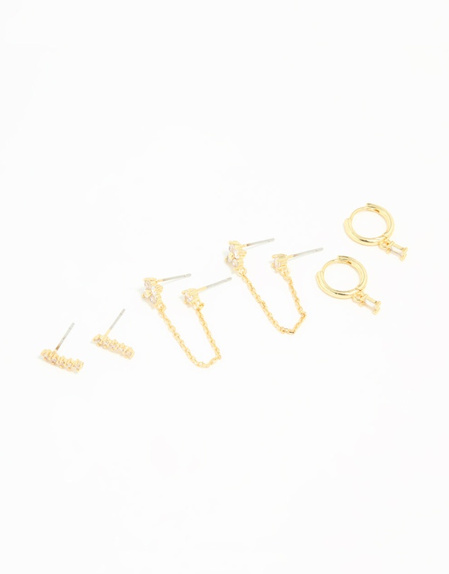Lovisa - Gold Plated Brass Cubic Zirconia Chain & Stud Earrings 3-Pack